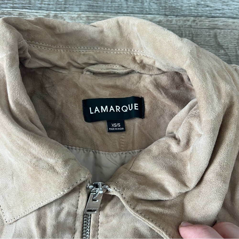 LaMarque Caden Suede Oversized Bomber Jacket Goatskin in “Sand” Tan - Picture 11 of 12